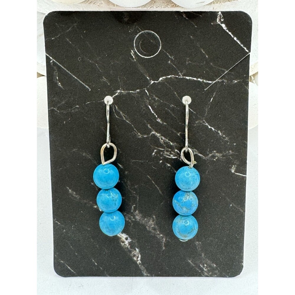 Blue Turquoise Bead Stacked Drop Earrings Sterling Silver Boho Southwest Minimal